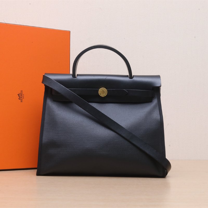 HERMES Herbag31防水帆布89黑色防水帆布/Hunter牛皮U刻金扣肩背包-0