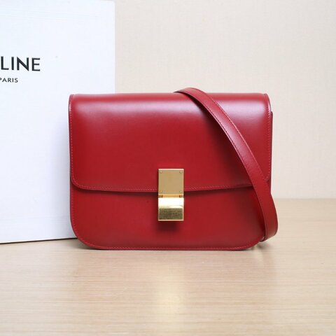 CELINE ClassicBox中號紅色牛皮金扣肩背包