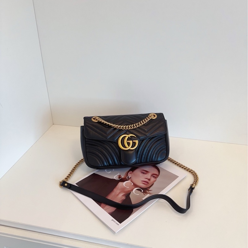 【98新】Gucci 黑金 馬蒙 marmont 22 鏈條包 斜挎包 單肩包-0