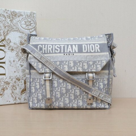DIOR Diorcamp郵差信使包中號29灰色帆布銀扣2020Oblique印花肩背包