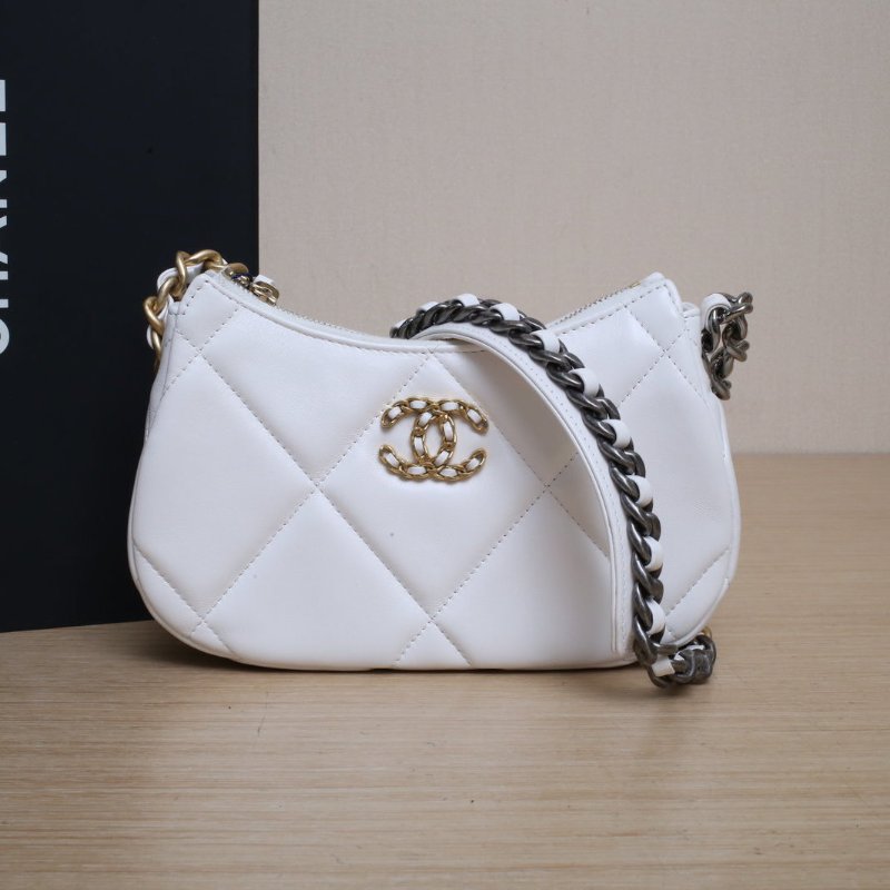 CHANEL 24C19Bag皮穿鏈Hobo腋下包20白色牛皮鐳射標金銀扣肩背包-0