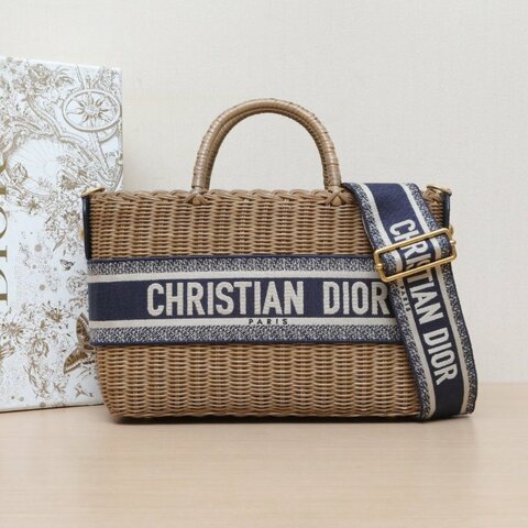 DIOR 藍色帆布草編金扣2021Wickerbasketbag竹編手提斜挎包/肩背包