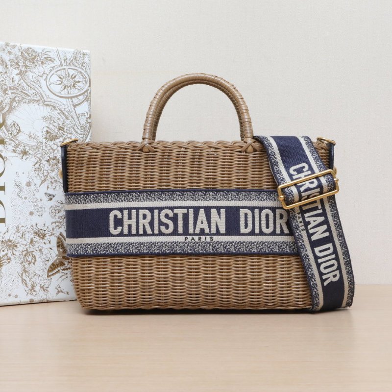 DIOR 藍色帆布草編金扣2021Wickerbasketbag竹編手提斜挎包/肩背包-0