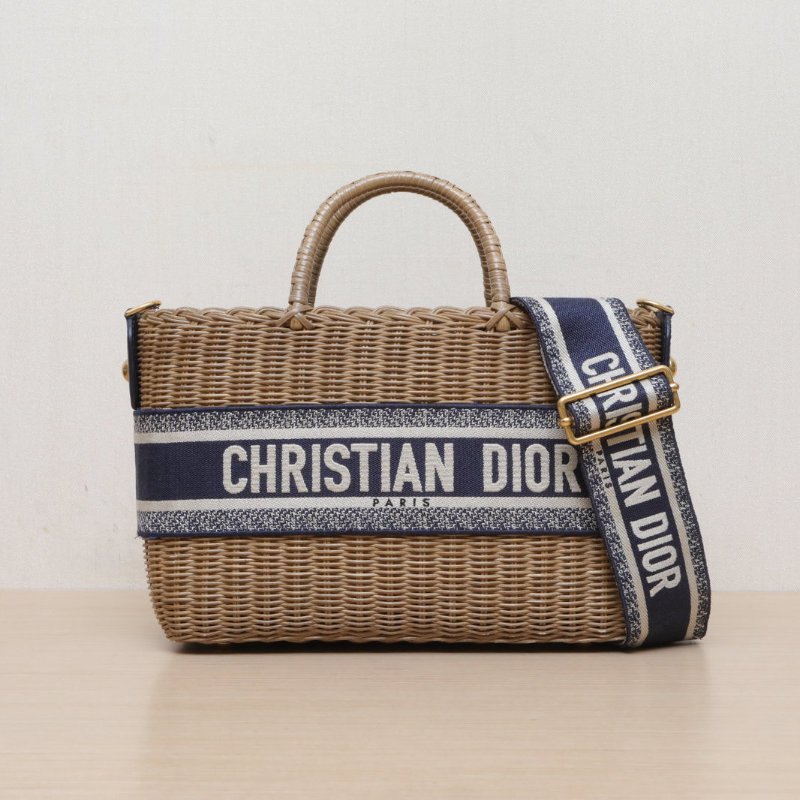 DIOR 藍色帆布草編金扣2021Wickerbasketbag竹編手提斜挎包/肩背包-1