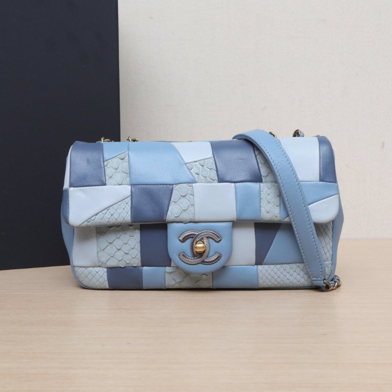 CHANEL 藍色羊皮蛇皮22開CF單肩包拼接/肩背包-0
