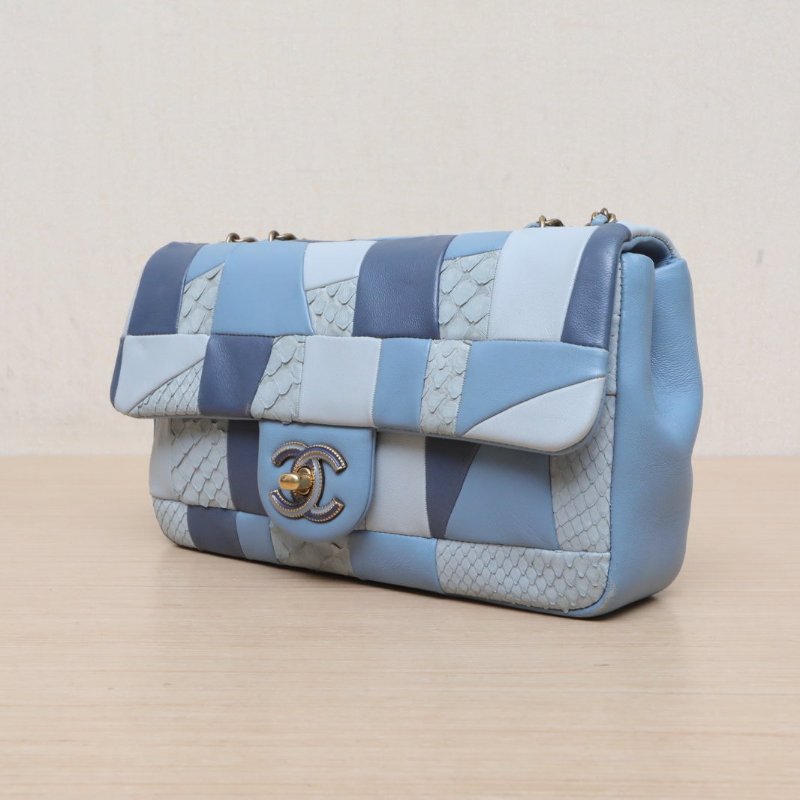 CHANEL 藍色羊皮蛇皮22開CF單肩包拼接/肩背包-3