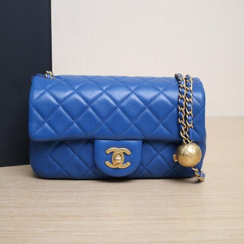 CHANEL CF口蓋包大Mini20藍色羊皮30開金扣金球調節扣肩帶肩背包