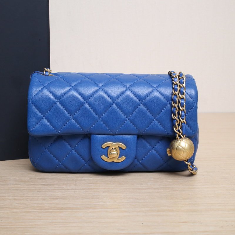 CHANEL CF口蓋包大Mini20藍色羊皮30開金扣金球調節扣肩帶肩背包-0