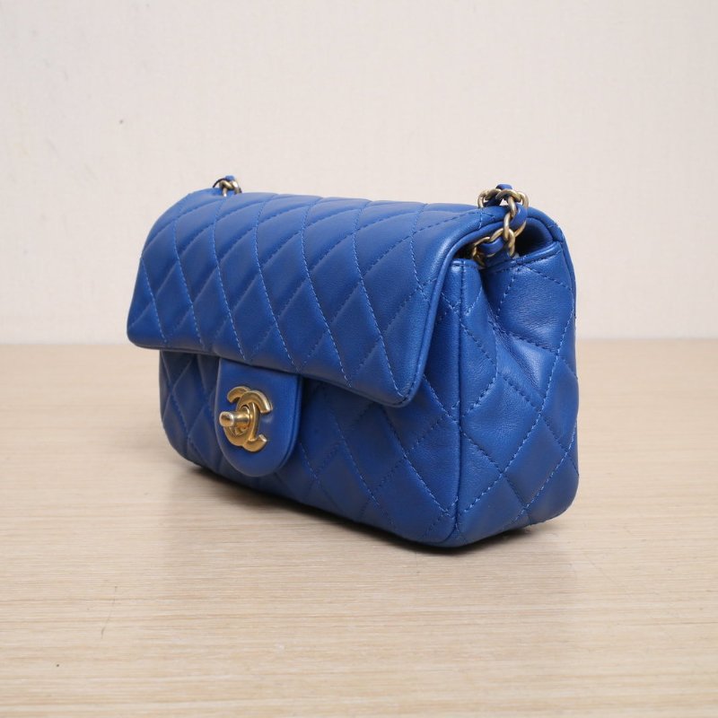 CHANEL CF口蓋包大Mini20藍色羊皮30開金扣金球調節扣肩帶肩背包-4