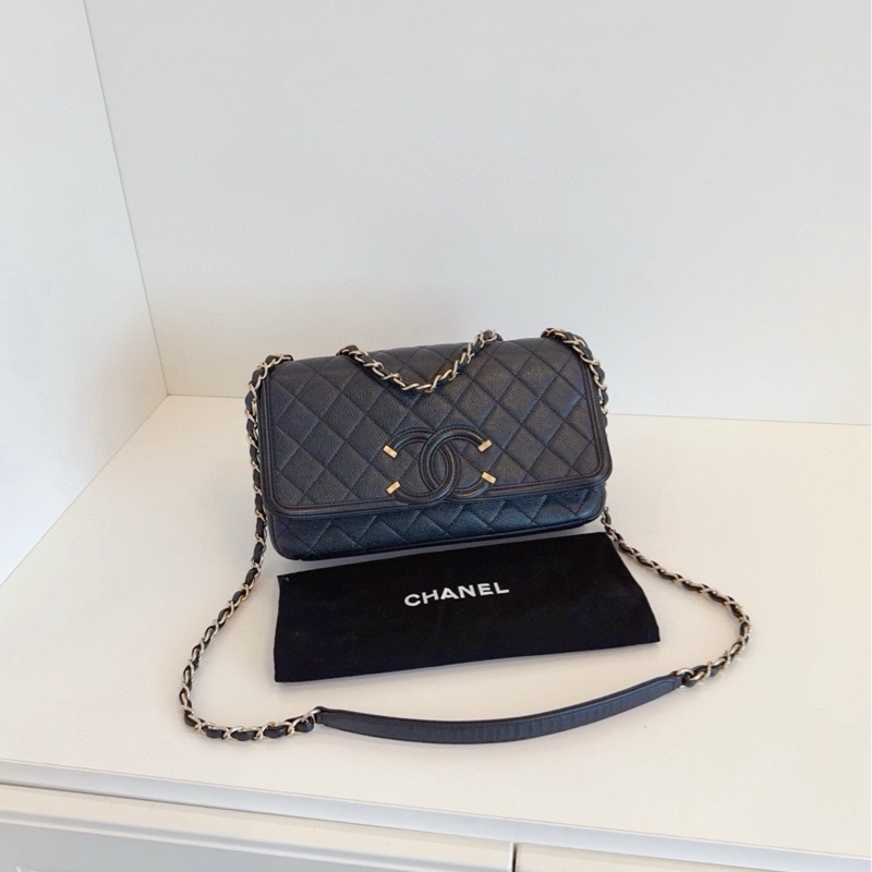【98新🆕】Chanel 黑金CC Filigree Flag CF鏈條口蓋包 黃金中號 單肩斜挎包-0