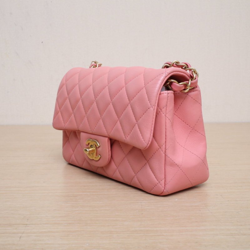 CHANEL CF口蓋包大Mini20粉色羊皮27開金扣肩背包-4