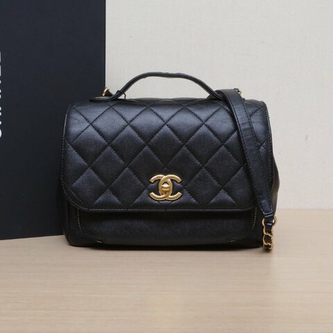 CHANEL BusinessAffinity口蓋郵差包配手柄中號23黑色荔枝牛皮23開金扣肩背包