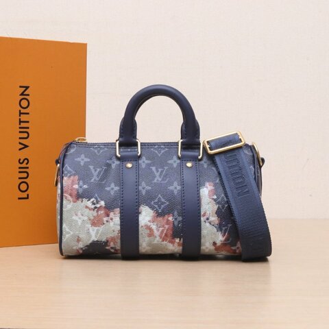 LOUIS VUITTON 墨藍色PVC金扣晶片火燒雲keepall25肩背包