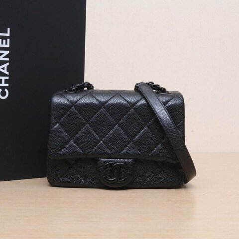CHANEL CF口蓋包方胖子17黑色荔枝牛皮29開黑扣菱格紋SoBlack肩背包