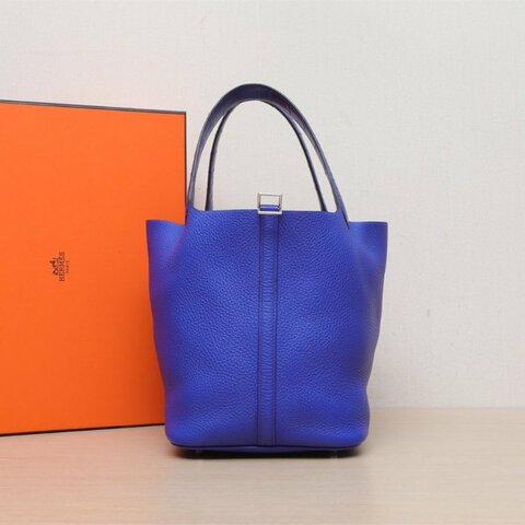 HERMES Picotin22菜籃子7T電光藍TC皮/正方塊鱷魚皮D刻銀扣肩背包