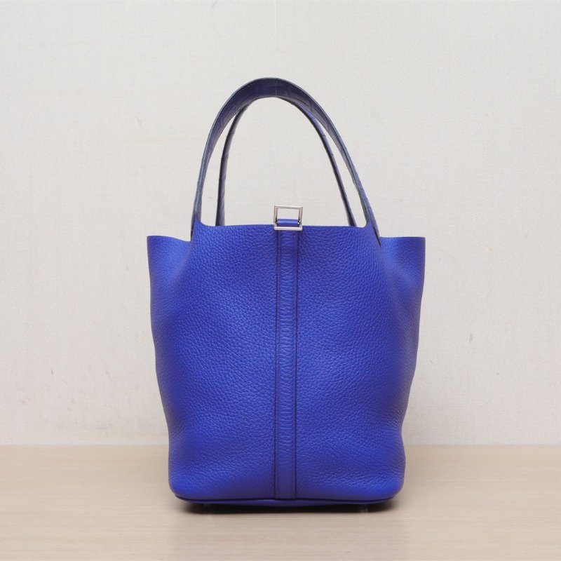 HERMES Picotin22菜籃子7T電光藍TC皮/正方塊鱷魚皮D刻銀扣肩背包-1
