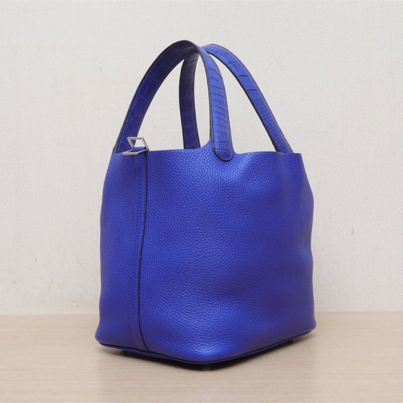 HERMES Picotin22菜籃子7T電光藍TC皮/正方塊鱷魚皮D刻銀扣肩背包-3