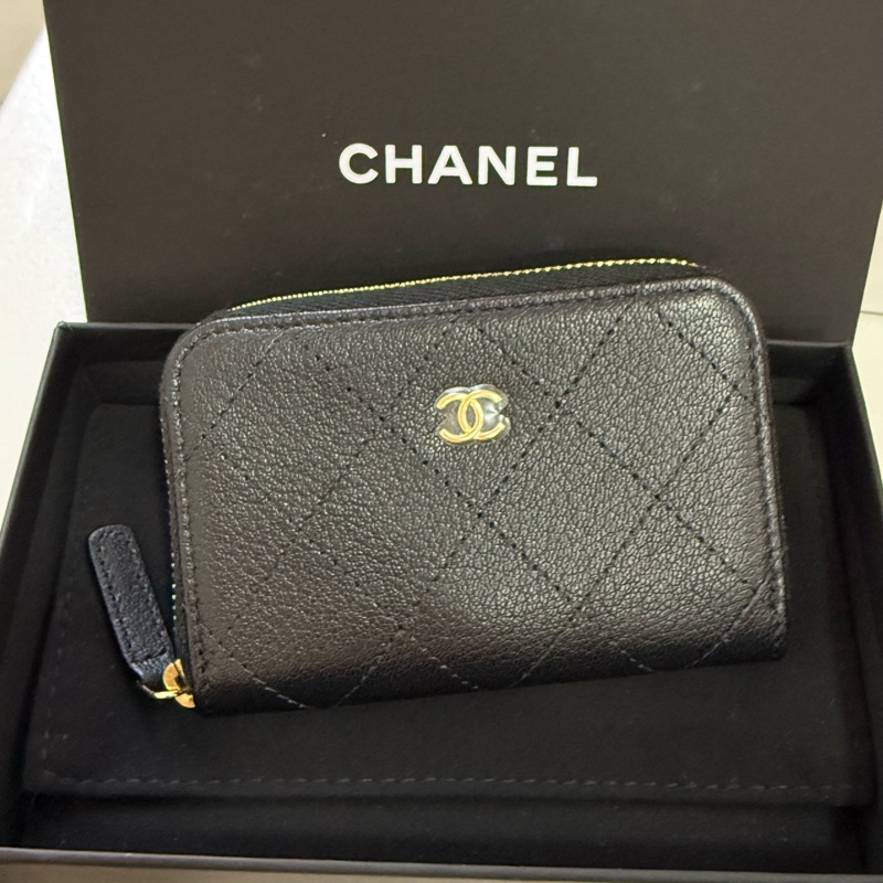 chanel 黑色山羊皮菱格紋 拉鍊零錢包 卡包-0