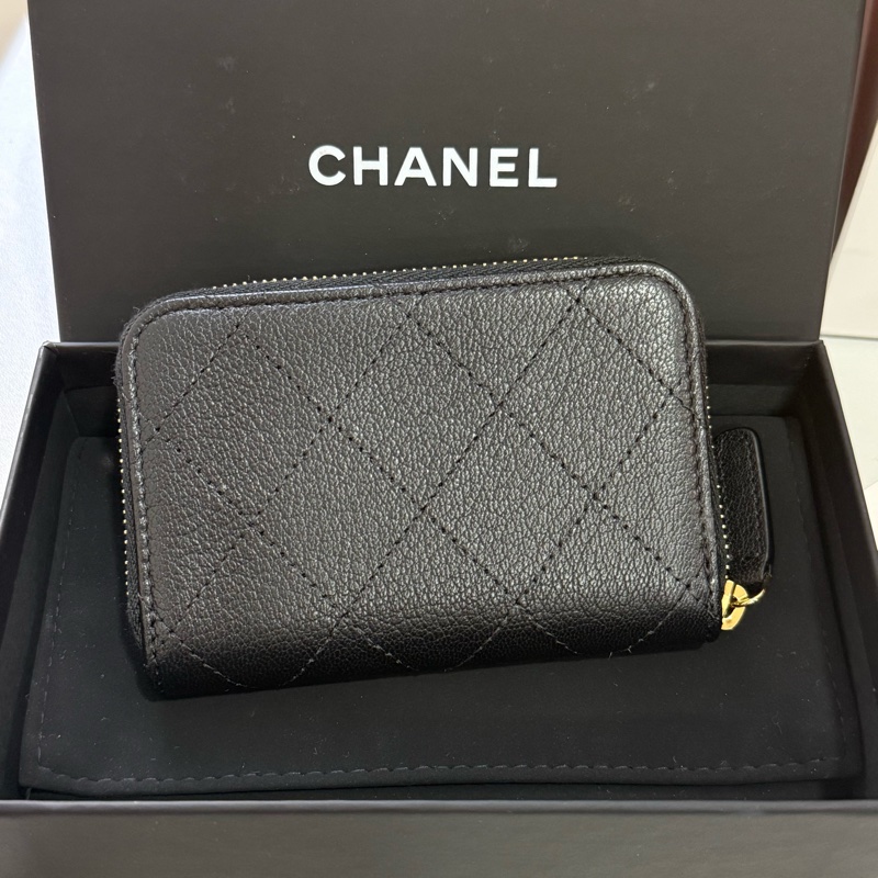 chanel 黑色山羊皮菱格紋 拉鍊零錢包 卡包-1