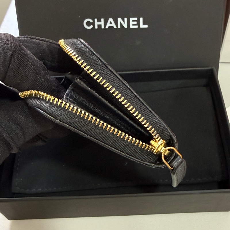 chanel 黑色山羊皮菱格紋 拉鍊零錢包 卡包-3