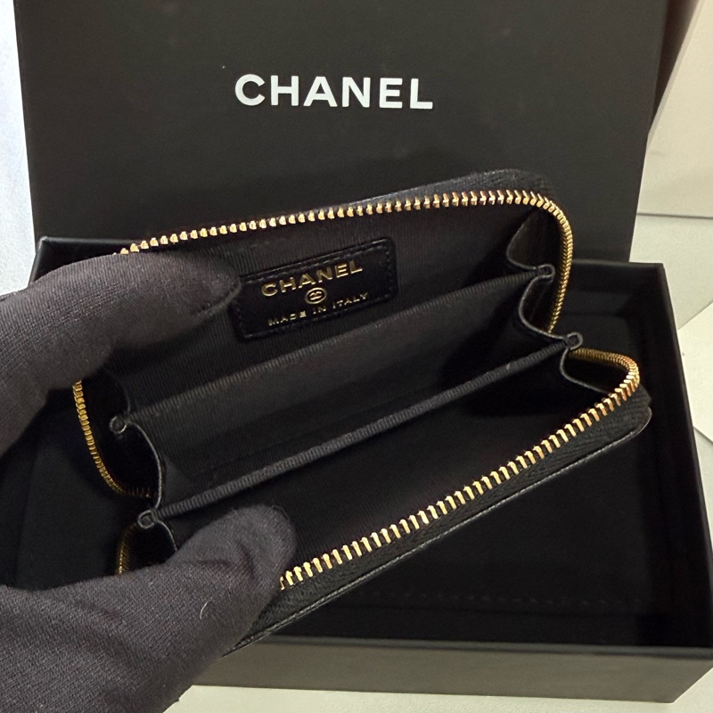 chanel 黑色山羊皮菱格紋 拉鍊零錢包 卡包-4