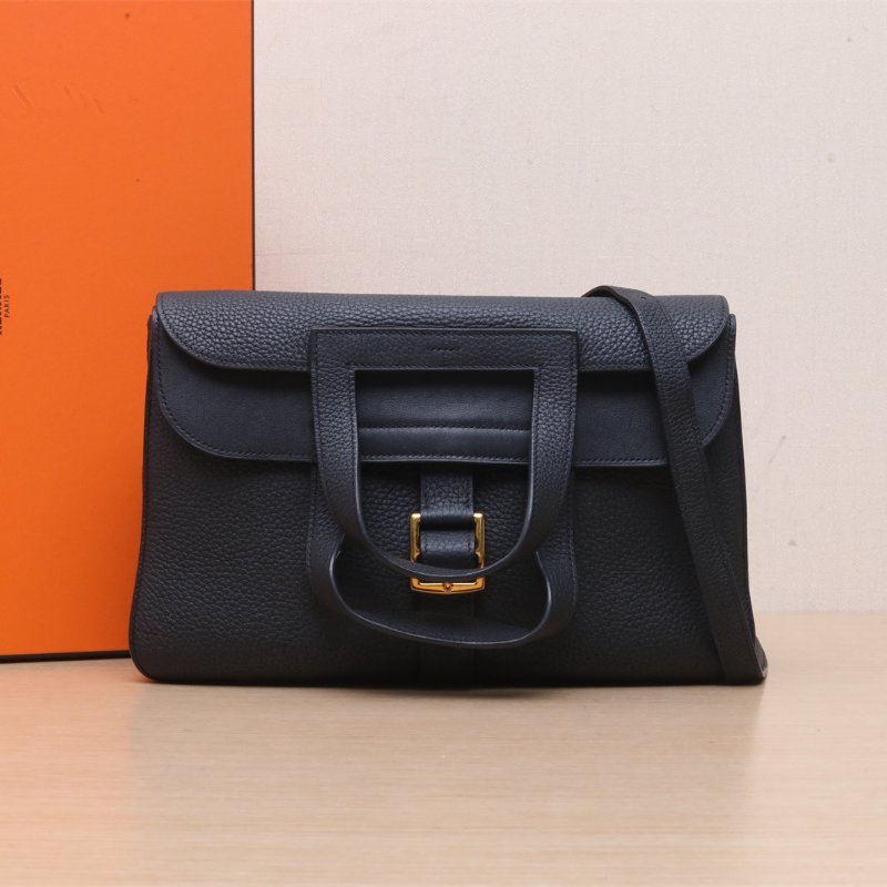 HERMES Halzan3189黑色TC皮D刻金扣肩背包-0