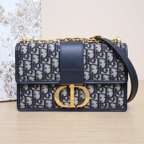 DIOR 30Montaigne蒙田鏈條肩帶中號25藍色帆布金扣2020Oblique印花肩背包