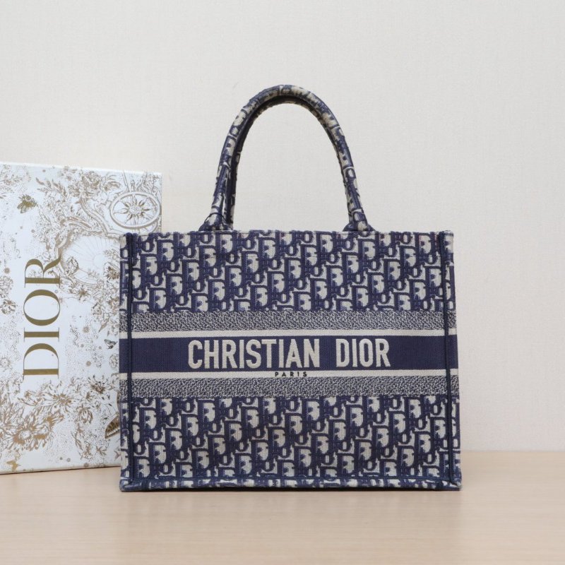 DIOR BookTote中號36藍色帆布2021Oblique印花字母刺繡肩背包-0