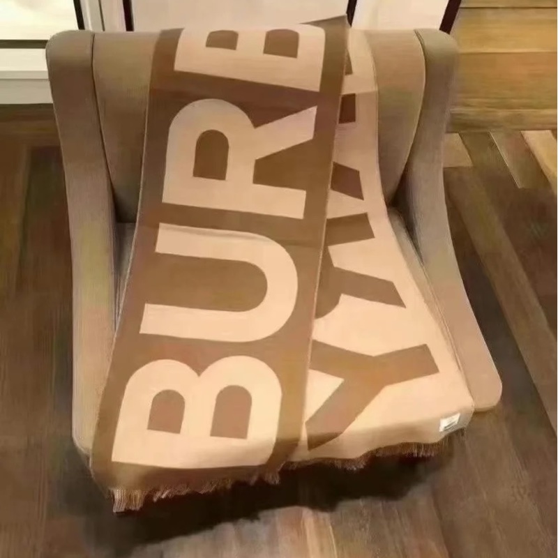 Burberry 字母雙色羊毛圍巾 咖米-0