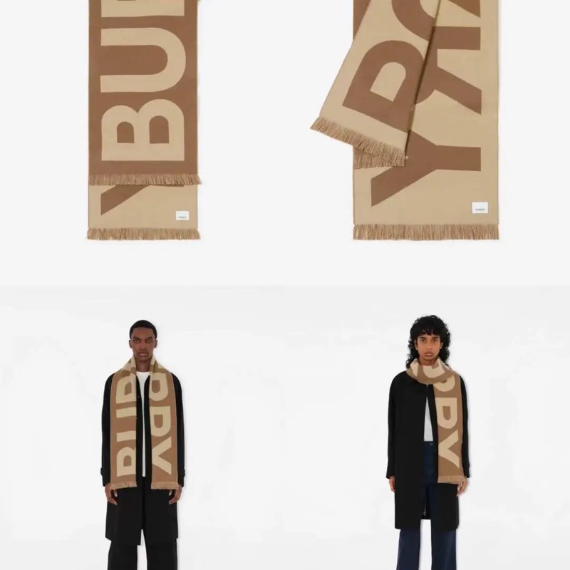 Burberry 字母雙色羊毛圍巾 咖米-7