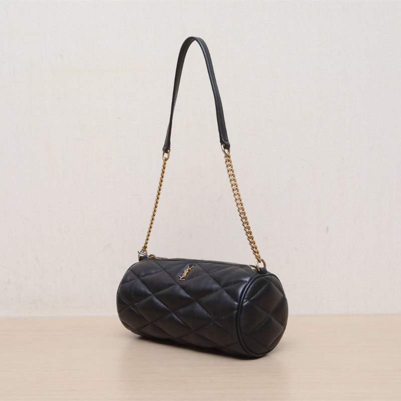 SAINT LAURENT Sade圓桶單肩腋下包Mini黑色羊皮金扣肩背包-3