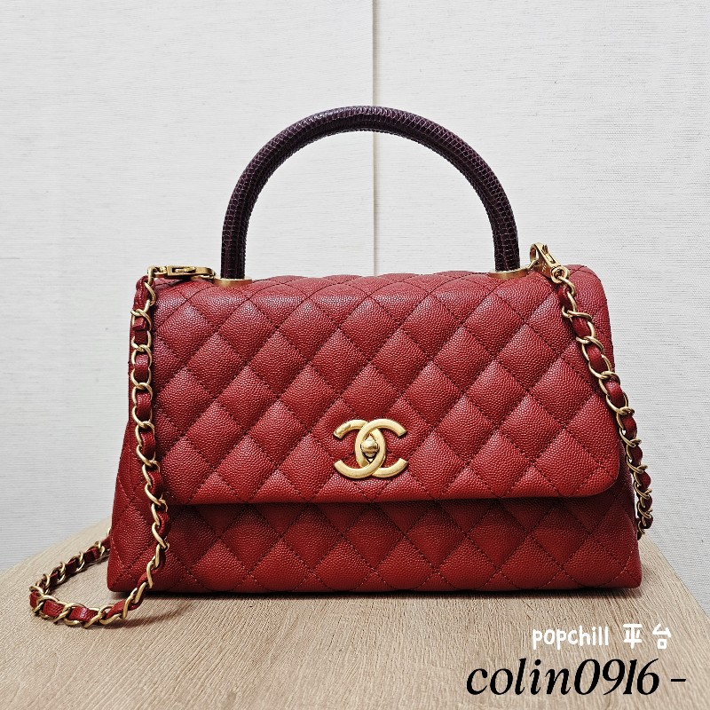 [ 出清❣️] Chanel 紅荔枝皮蜥蜴皮提把霧金釦CocoHandle 29手提肩斜背包-0