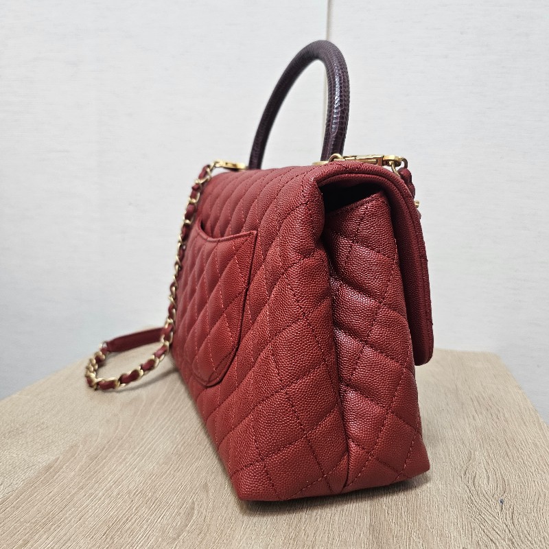 [ 出清❣️] Chanel 紅荔枝皮蜥蜴皮提把霧金釦CocoHandle 29手提肩斜背包-3