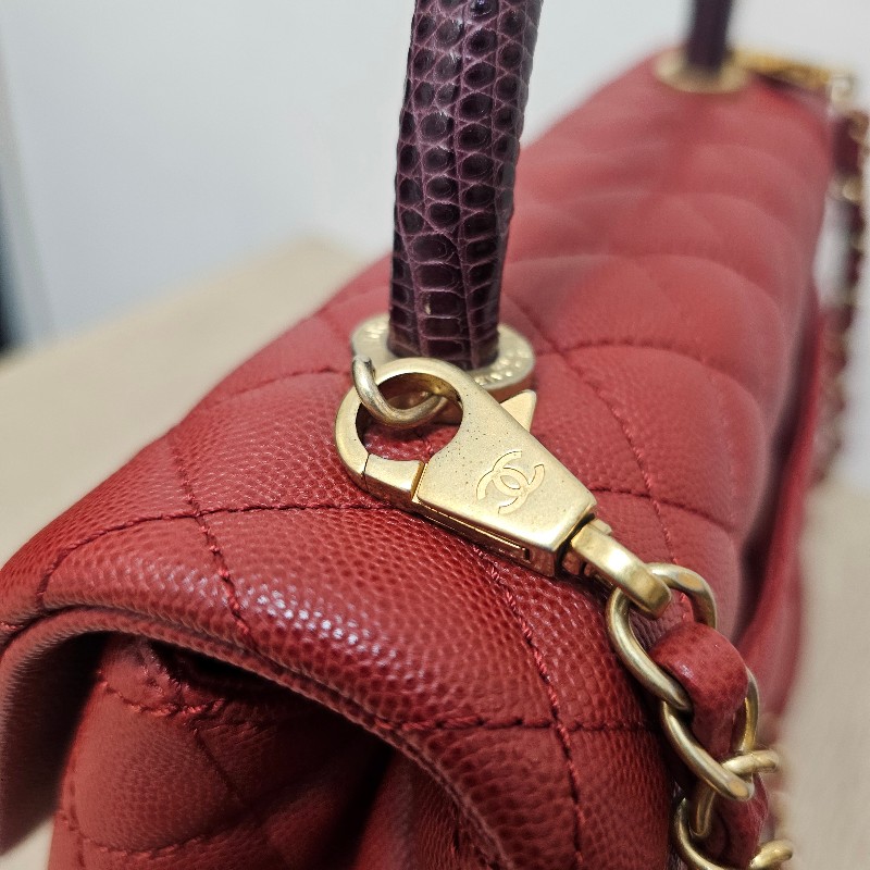 [ 出清❣️] Chanel 紅荔枝皮蜥蜴皮提把霧金釦CocoHandle 29手提肩斜背包-26