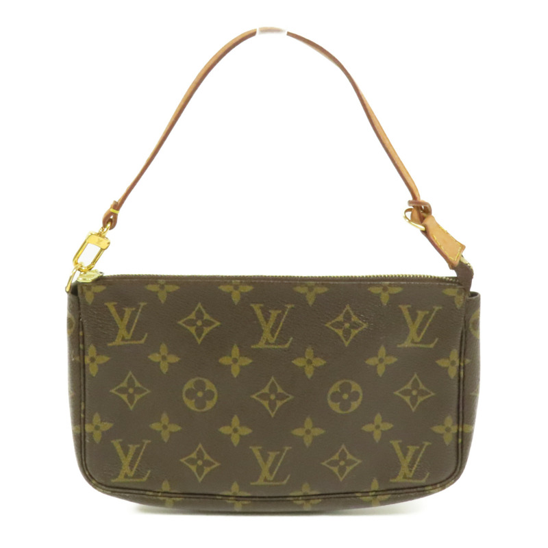 LOUIS VUITTON Monogram Pochette Accessoires金扣手挽袋棕色-0