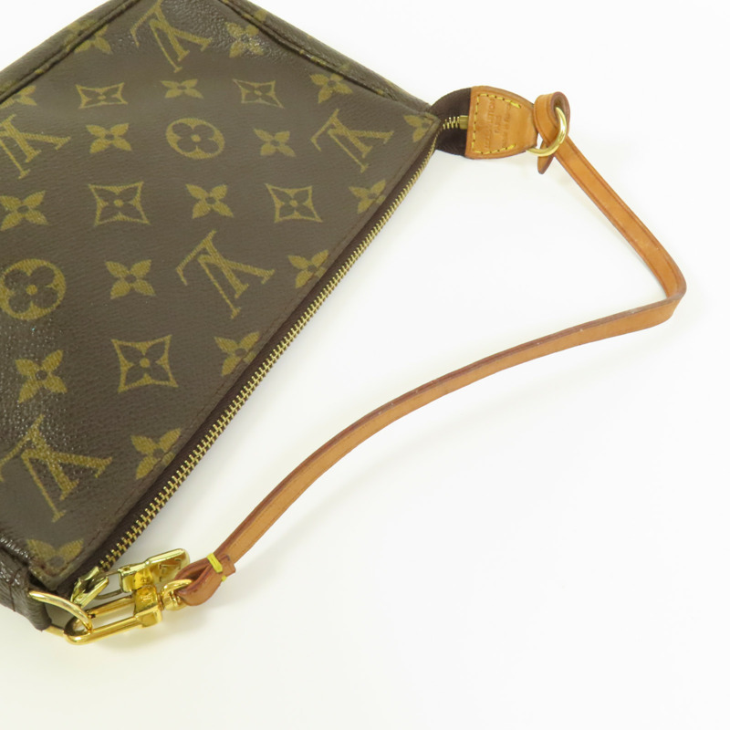 LOUIS VUITTON Monogram Pochette Accessoires金扣手挽袋棕色-4