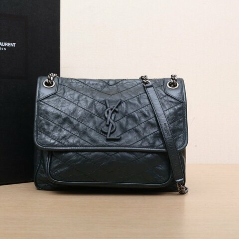 SAINT LAURENT Niki中號28D扣墨綠色牛皮綠扣肩背包