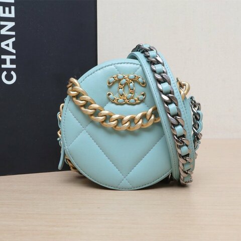 CHANEL 19BAG小圓餅包綠色羊皮29開金銀扣肩背包