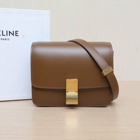 CELINE ClassicBox小號駝色牛皮金扣肩背包