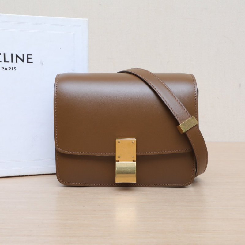 CELINE ClassicBox小號駝色牛皮金扣肩背包-0