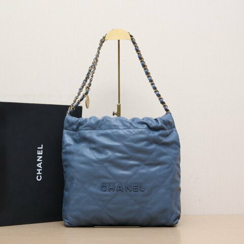 CHANEL 22BagTote托特包小號30藍色荔枝牛皮晶片開藍扣肩背包