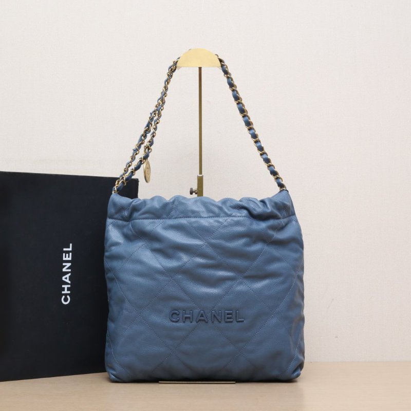 CHANEL 22BagTote托特包小號30藍色荔枝牛皮晶片開藍扣肩背包-0