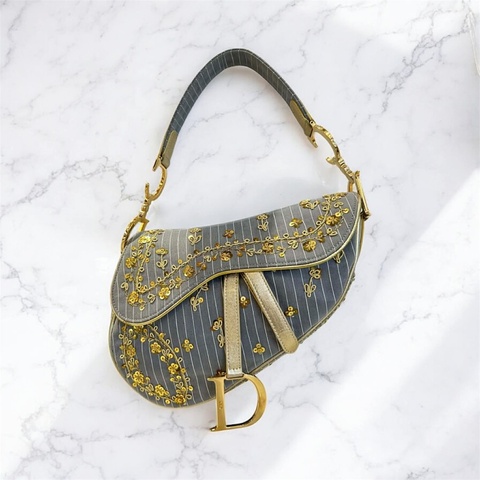 DIOR限量亮片刺繡馬鞍包 灰金