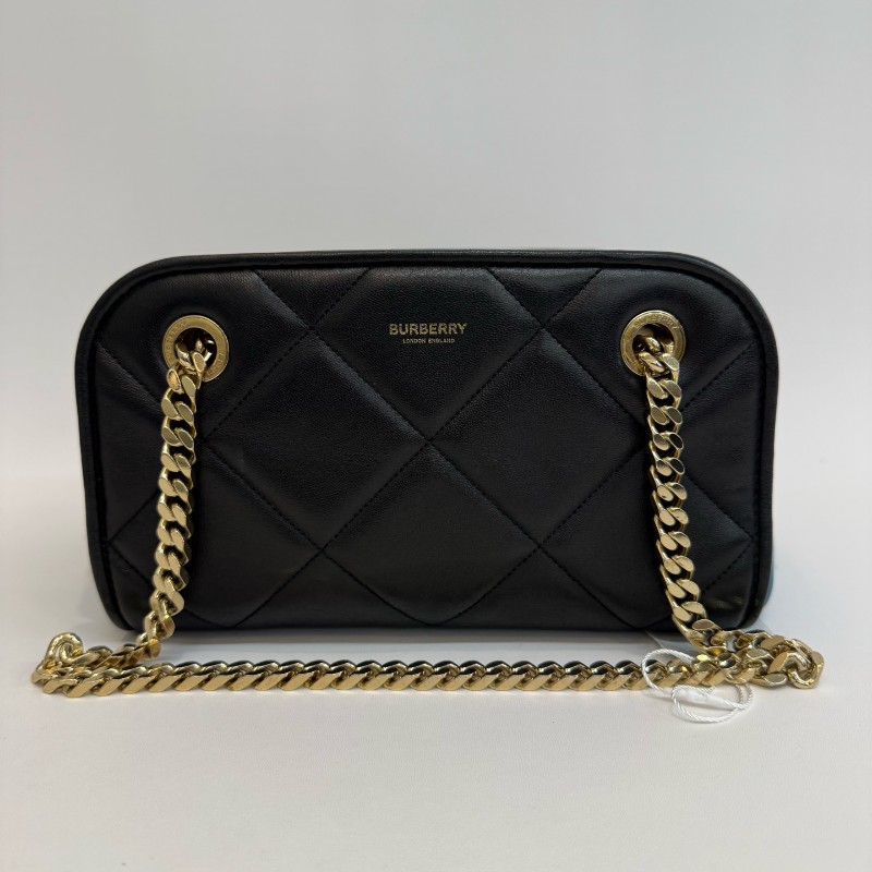 Burberry/博柏利黑色拼藍色全皮小號保齡球鏈條手提單肩包-0