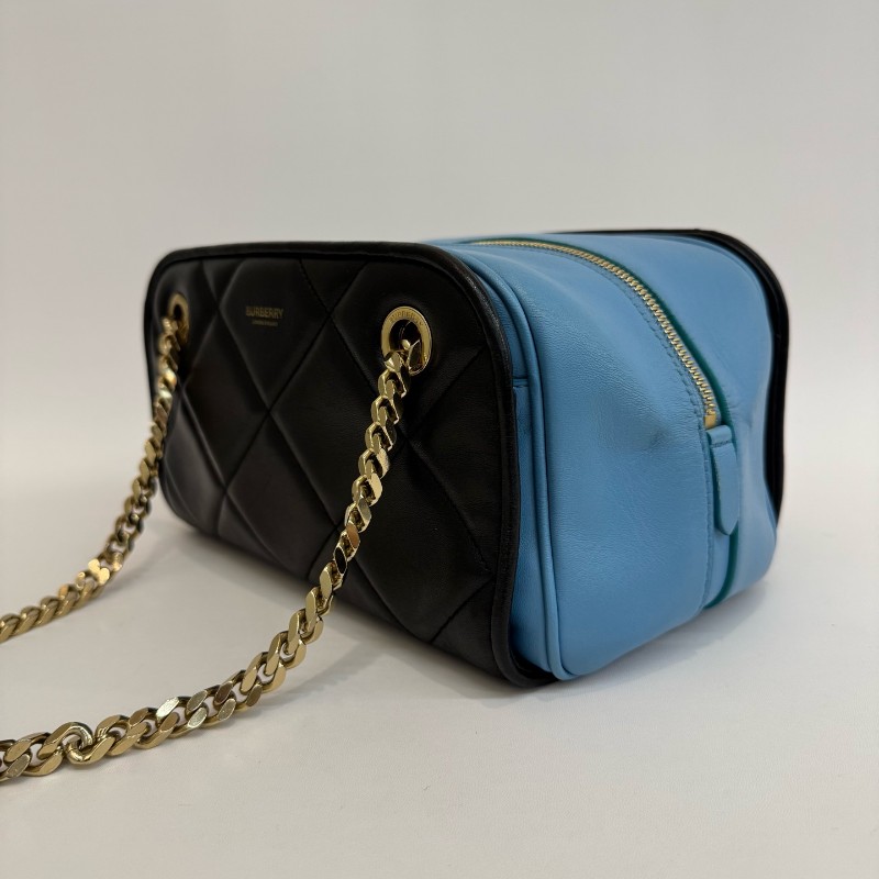 Burberry/博柏利黑色拼藍色全皮小號保齡球鏈條手提單肩包-2