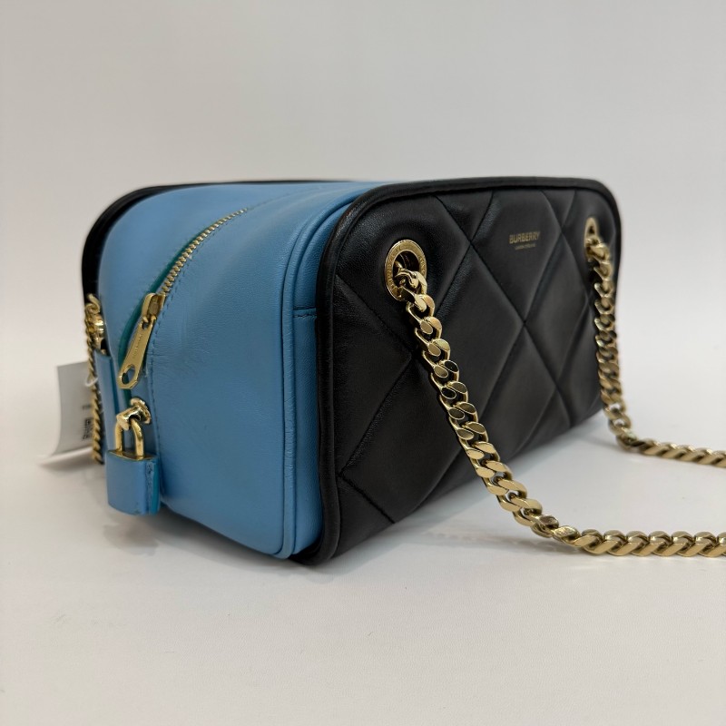 Burberry/博柏利黑色拼藍色全皮小號保齡球鏈條手提單肩包-3