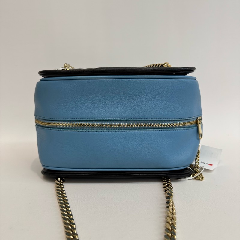 Burberry/博柏利黑色拼藍色全皮小號保齡球鏈條手提單肩包-5