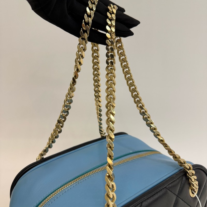 Burberry/博柏利黑色拼藍色全皮小號保齡球鏈條手提單肩包-6