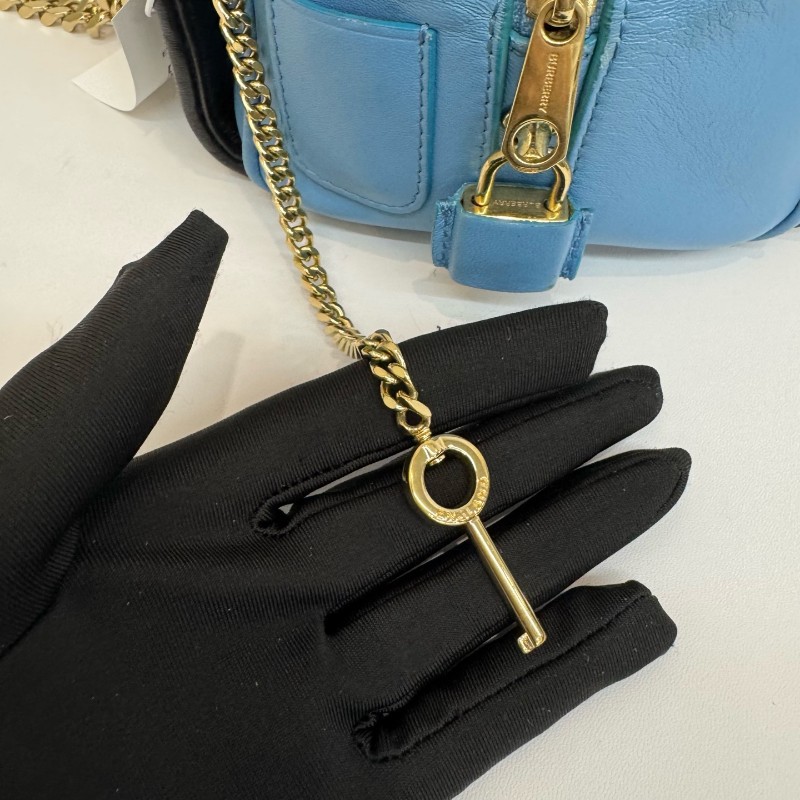 Burberry/博柏利黑色拼藍色全皮小號保齡球鏈條手提單肩包-9