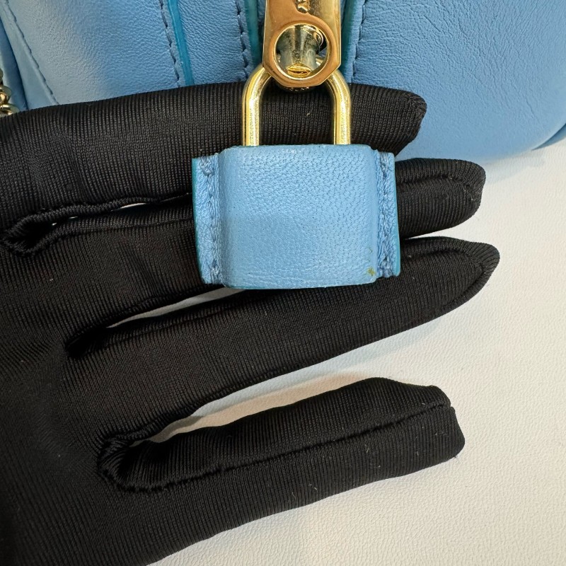 Burberry/博柏利黑色拼藍色全皮小號保齡球鏈條手提單肩包-14